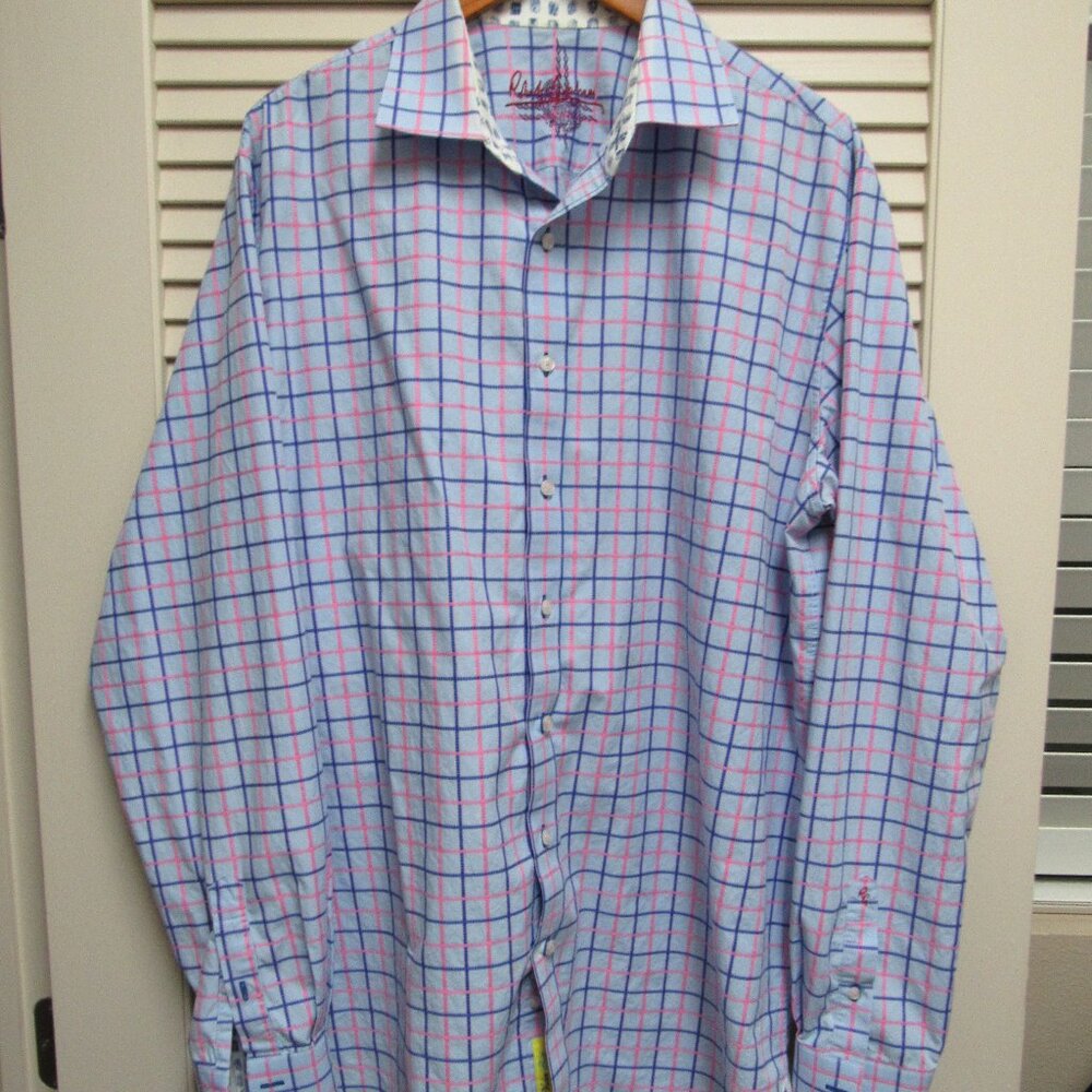 Robert Graham Mens 1XLT Plaid Button Up Blue Pink Cotton Travel Shirt Flip Cuff